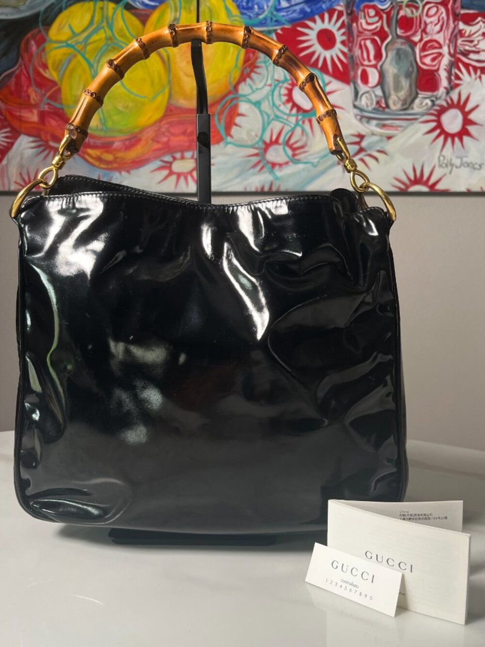 Gucci Tom Ford Vintage Black Patent Leather Bamboo Shoulder Bag